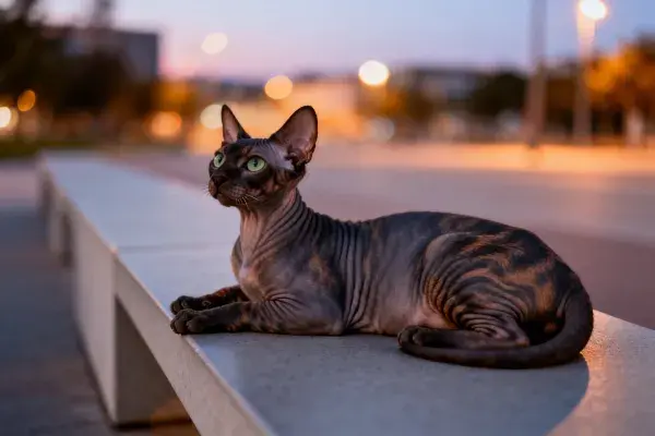 傍晚户外混凝土长椅上的加拿大无毛猫
