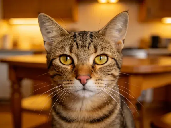 室内暖光环境里短毛虎斑猫特写