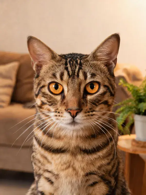 马鞍纹短毛猫注视镜头的场景