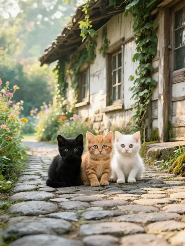 三色短毛家猫于石板小径场景