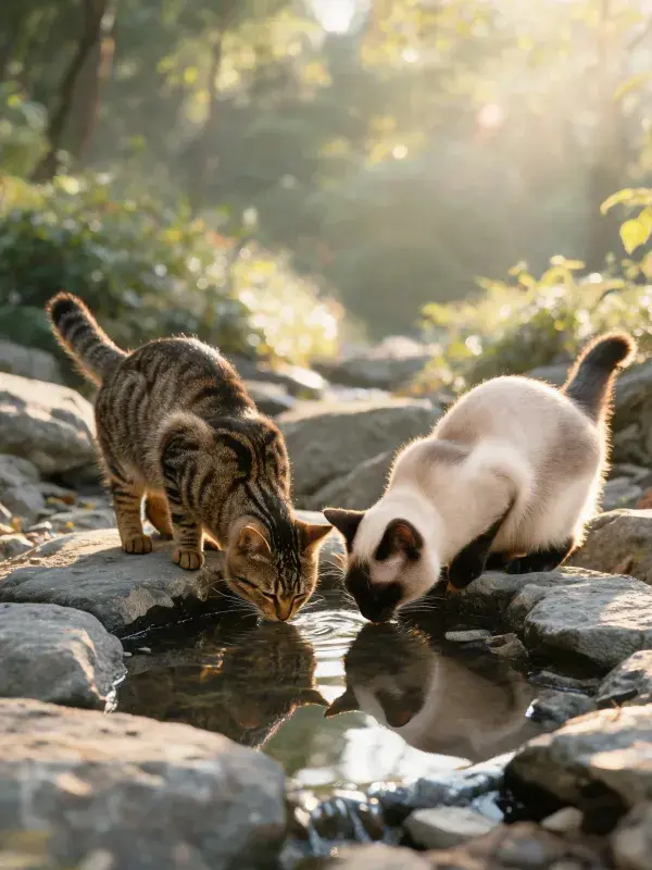 露天石滩处两只猫饮水场景