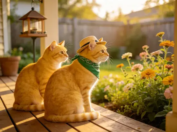 阳光下戴帽系巾的橘色短毛家猫