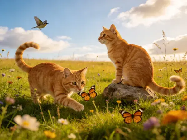 草地中短毛橘猫互动场景