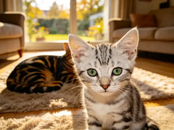 阳光下室内银渐层短毛猫特写场景