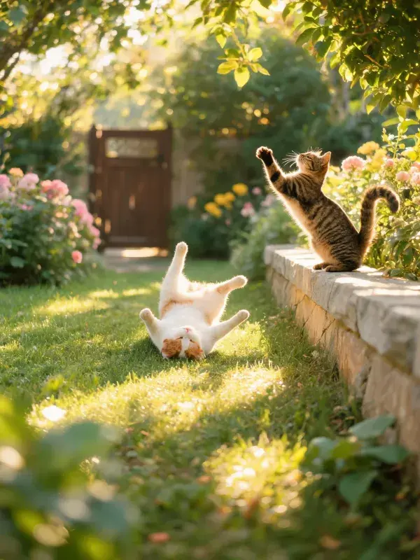 园林中两只短毛家猫的互动场景