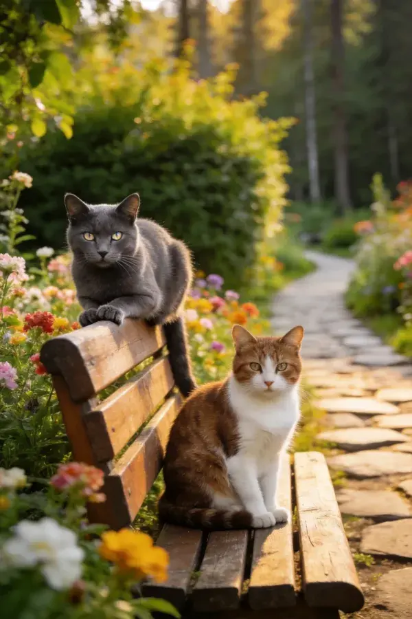 短毛家猫并排栖息于花园木椅
