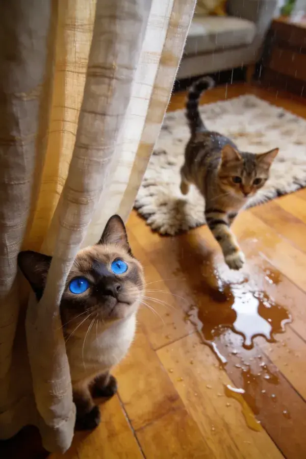 露出蓝眼的布偶猫与行走狸花猫的室内场景