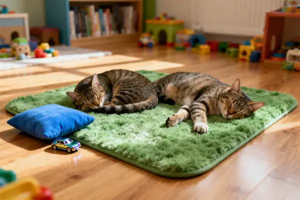 室内木地板上的短毛虎斑家猫休息场景