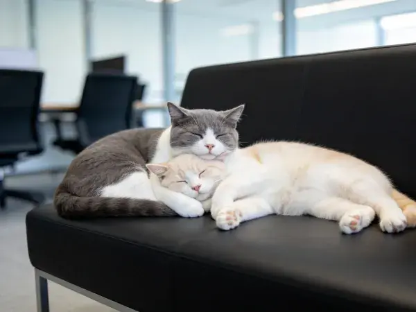 办公室座椅上依偎的短毛家猫