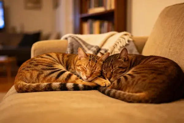 短毛虎斑猫依偎沙发休息