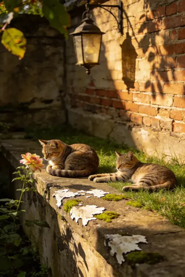 砖墙石栏处的短毛虎斑猫休憩场景