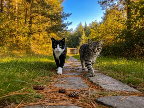 阳光下石板路上的两只短毛家猫
