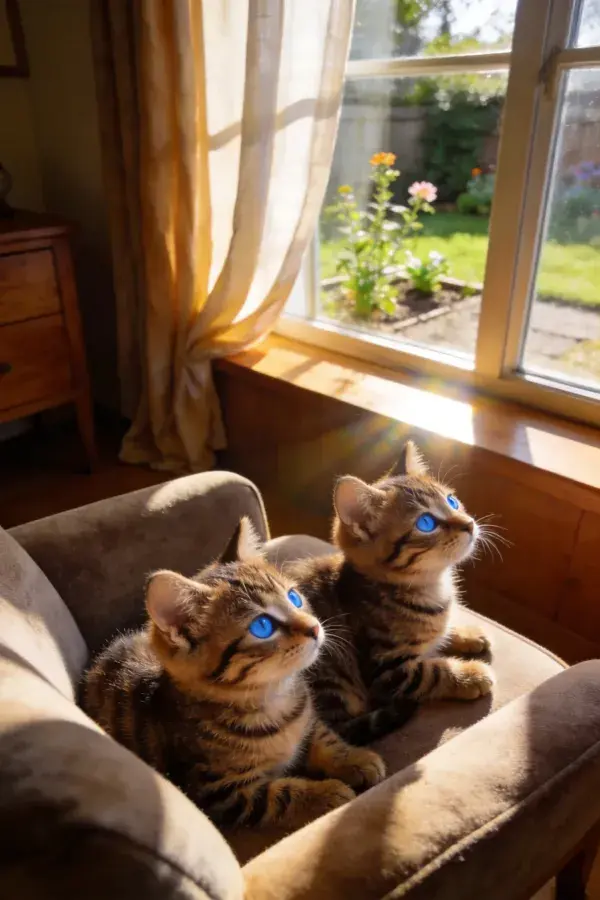 阳光下窗边的短毛虎斑猫群像