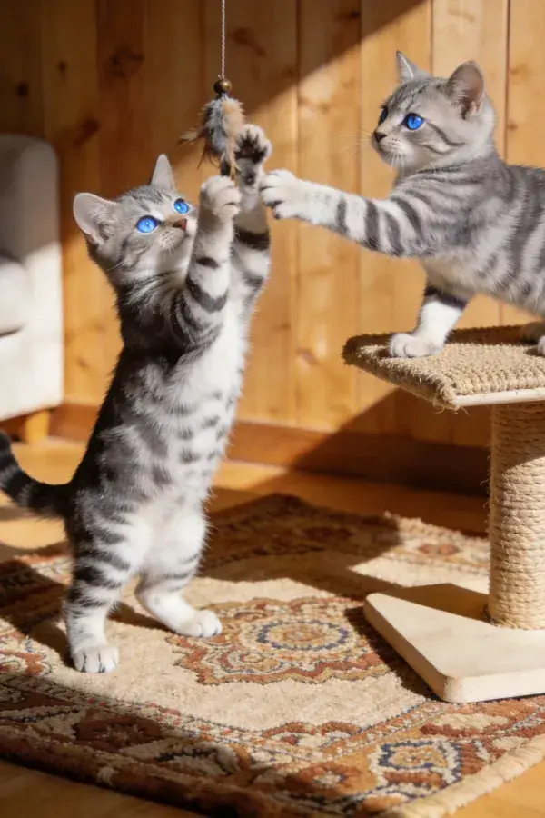 银虎斑小猫玩悬挂玩具的场景
