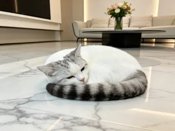 灰白短毛猫在客厅地面蜷卧场景