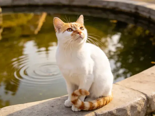 白橙相间短毛家猫在水池旁的石沿处特写