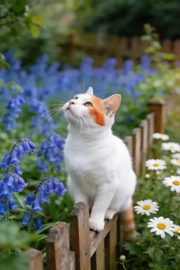 花园围栏上的橙白相间短毛家猫