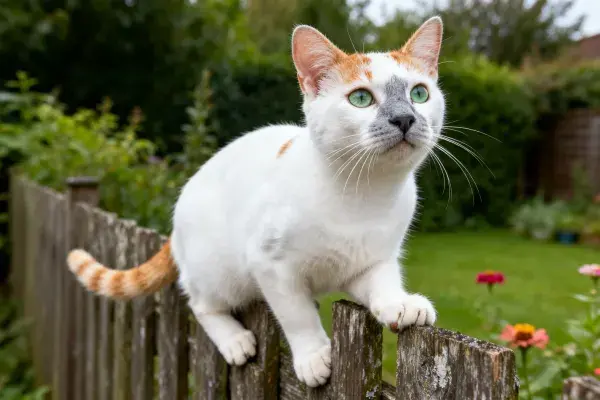 三色短毛家猫于花园木栅栏处