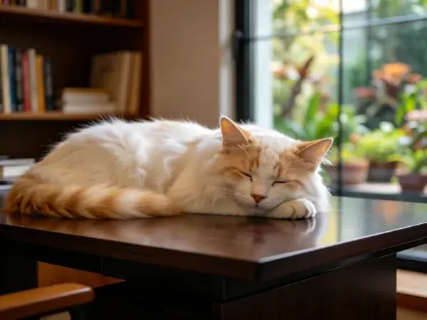 室内书桌上的橙白长毛家猫