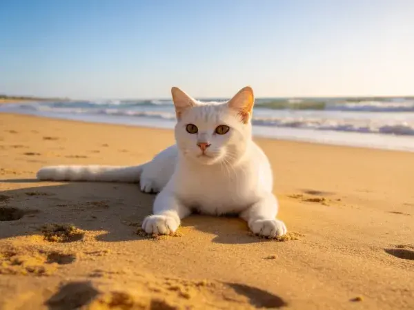 白短毛家猫海滩沙地躺卧