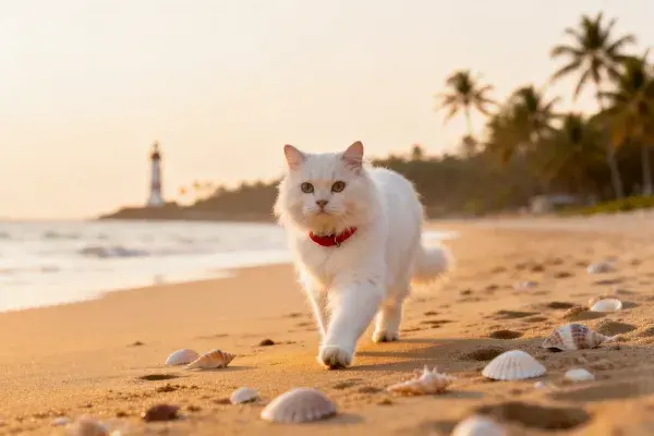 海滩夕阳下长毛白猫漫步