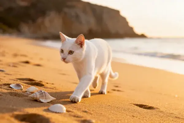 白色短毛家猫漫步沙滩
