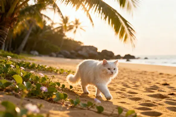 海滩上行走的长毛白布偶猫