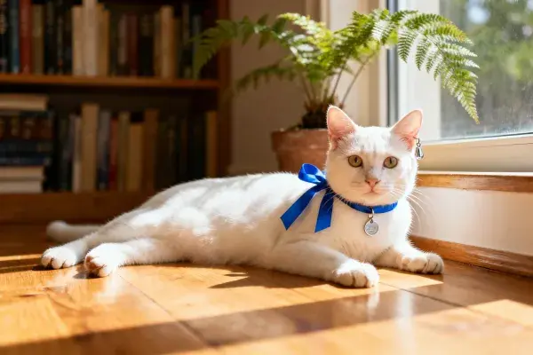 窗边暖光下白色短毛家猫特写