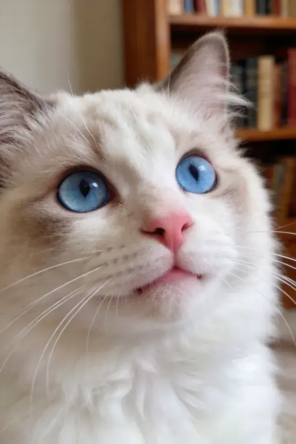 书房书架前的蓝眼睛布偶猫