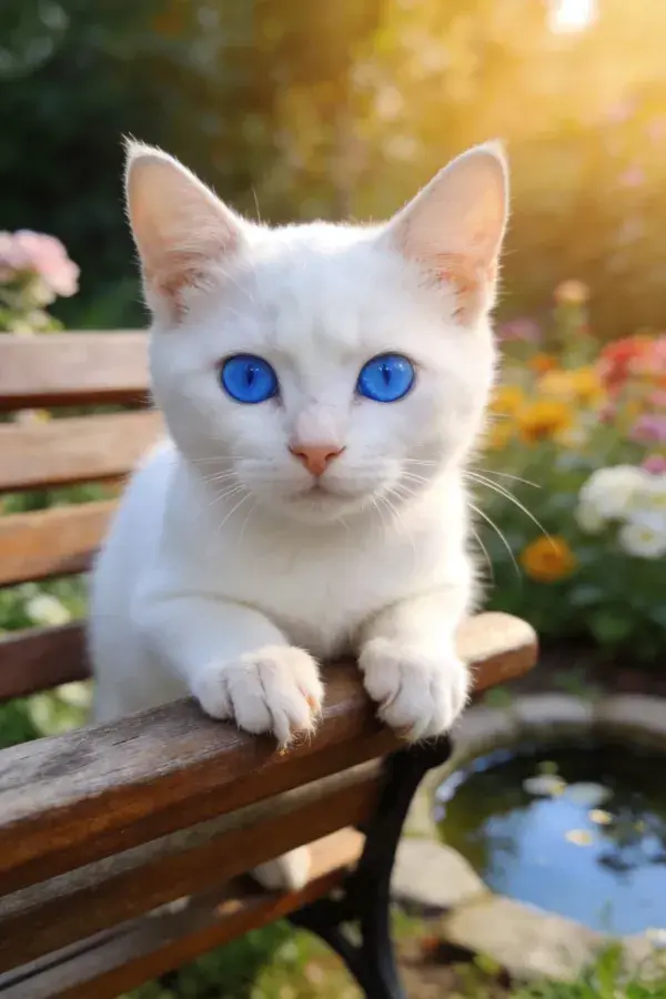 蓝眼睛白短毛家猫倚木椅眺望花园