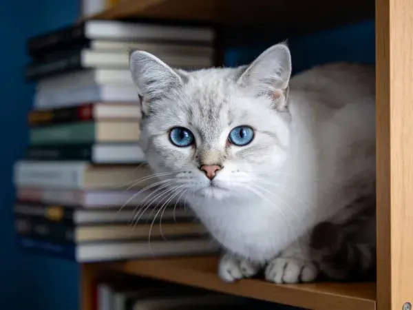 书架上的蓝眼睛白色短毛猫
