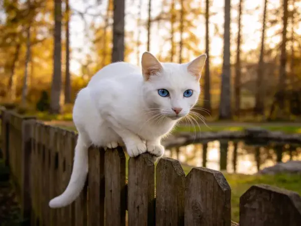 木栅栏上的白毛蓝眼短毛猫