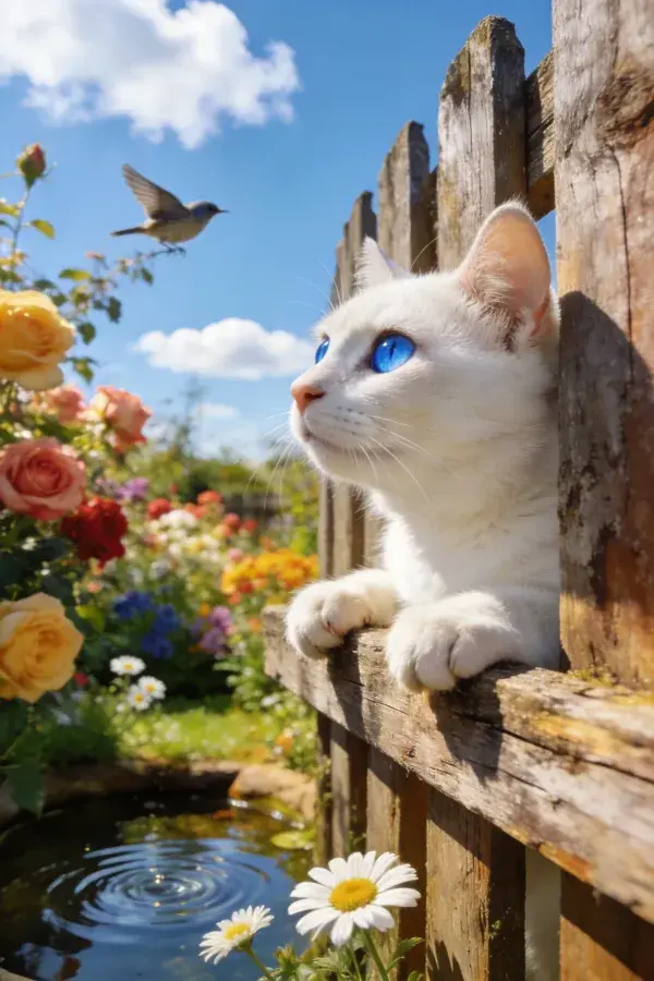 露出前爪的白短毛家猫在木栅栏处眺望
