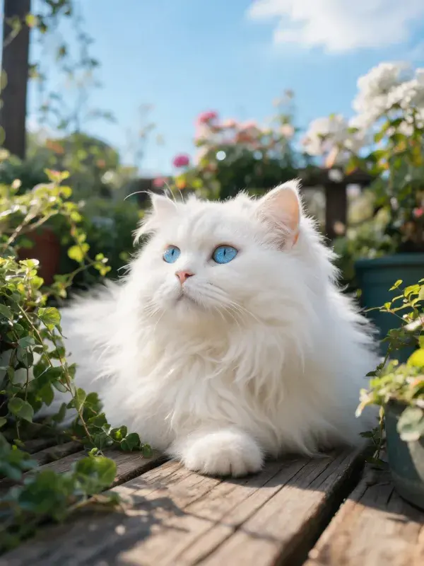 长毛白波斯猫在花园木板的休憩状态