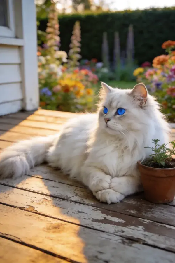 木平台上蓝眼睛白长毛布偶猫