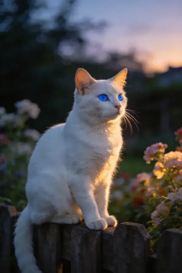 木栅栏上的白毛蓝眼短毛家猫