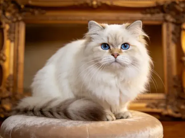 金框前绒面凳上的蓝眼长毛猫