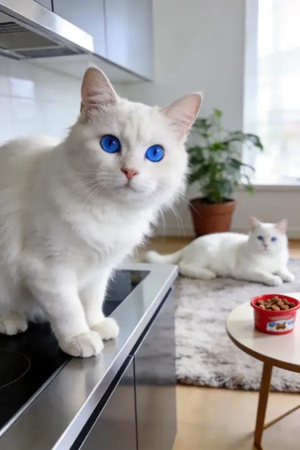 蓝眼白长毛猫注视厨房角落