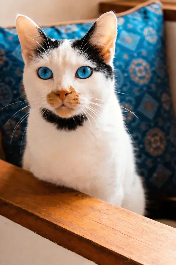 室内木制栏杆旁的三色短毛家猫