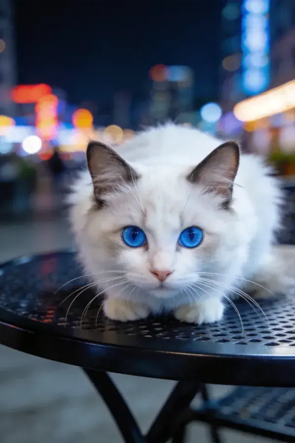 夜晚都市街头铁桌上的双色布偶猫