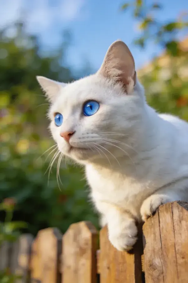 白毛蓝眼短毛家猫眺望木栅栏