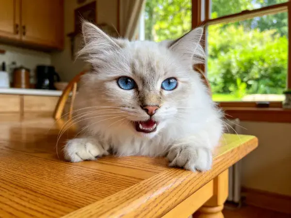 厨房木桌上蓝眼的布偶猫