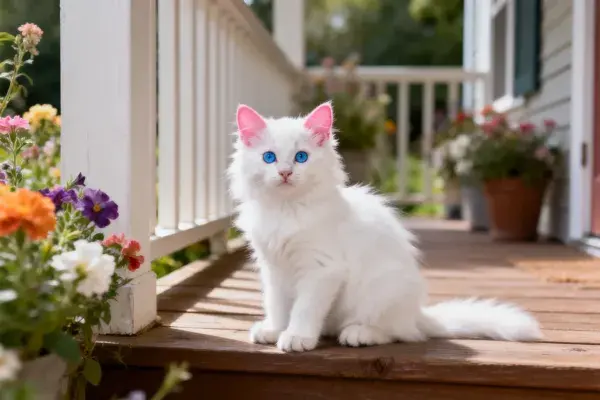 阳光洒落的木廊白色长毛猫