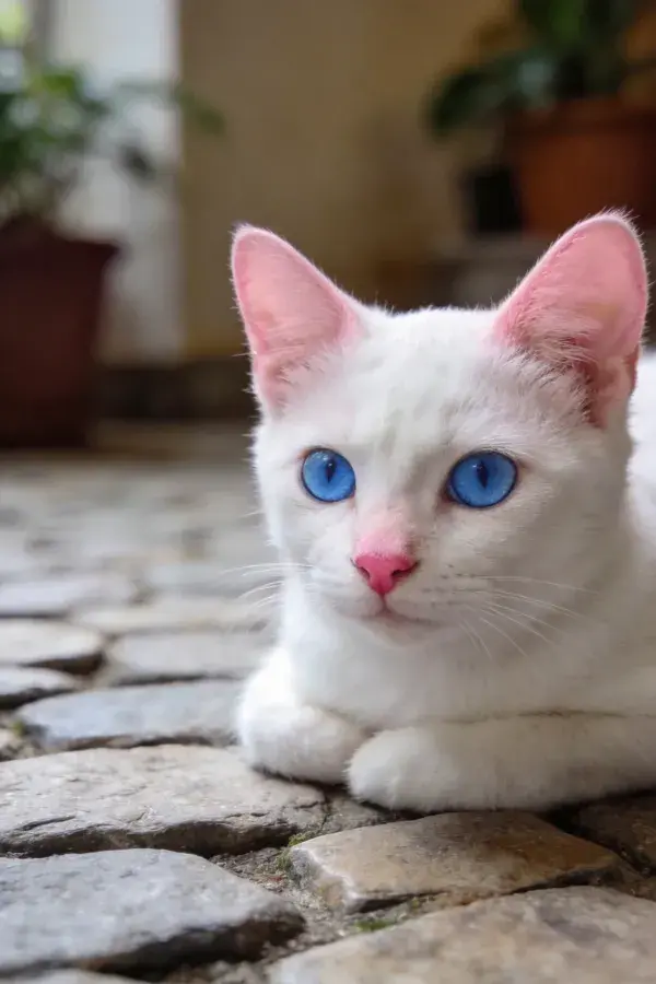 白毛蓝眼短毛家猫静卧石板路