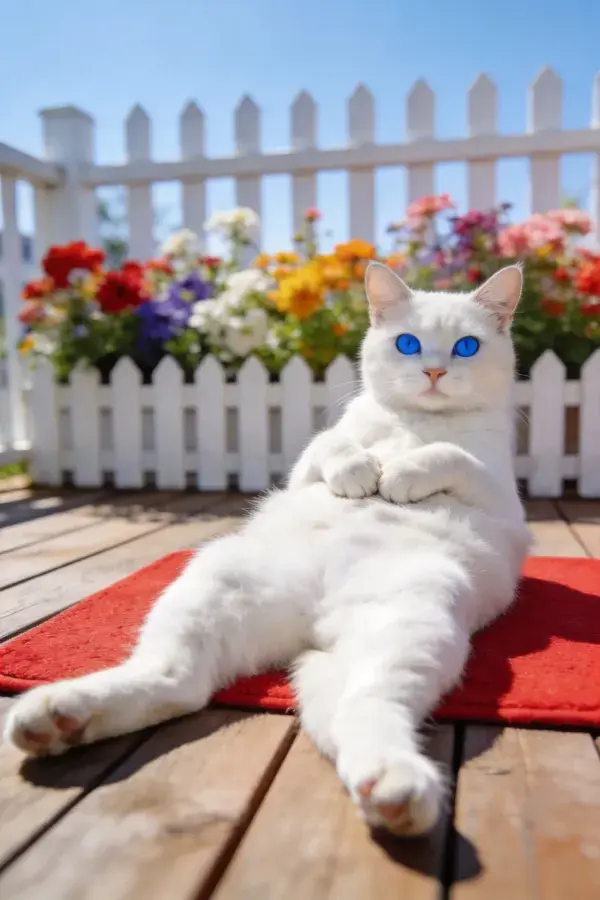 白色短毛家猫躺卧在户外平台
