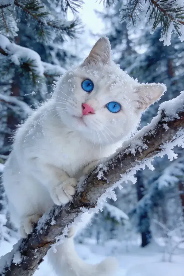 雪地树枝上的蓝眼白猫