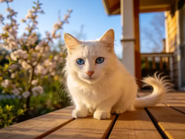 白色土耳其梵猫在木质露台