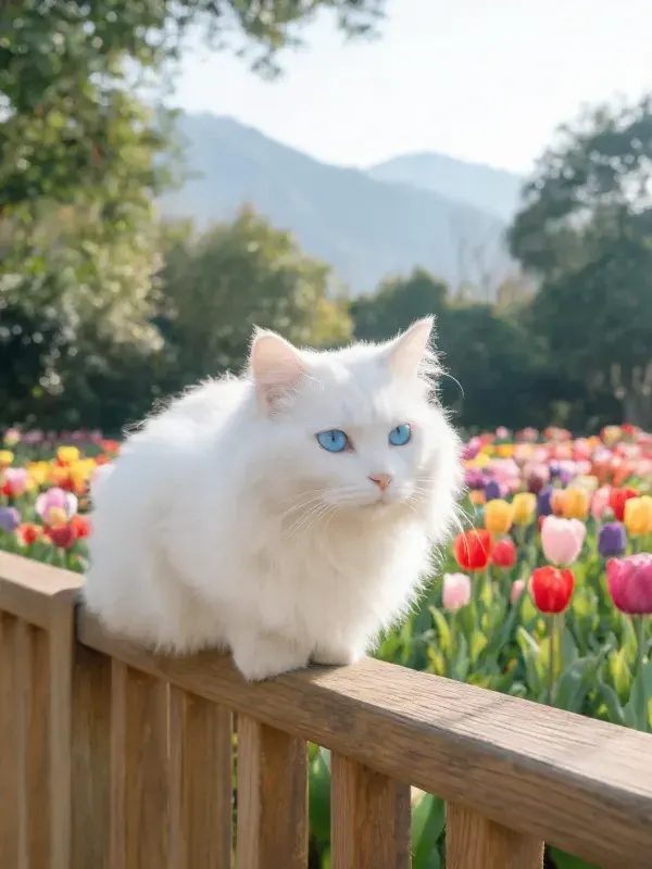 长白毛猫坐于木栏杆旁的花田景色