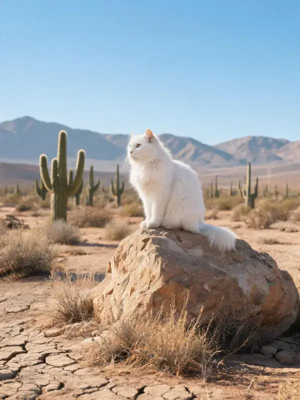 岩石上白色长毛猫的沙漠场景