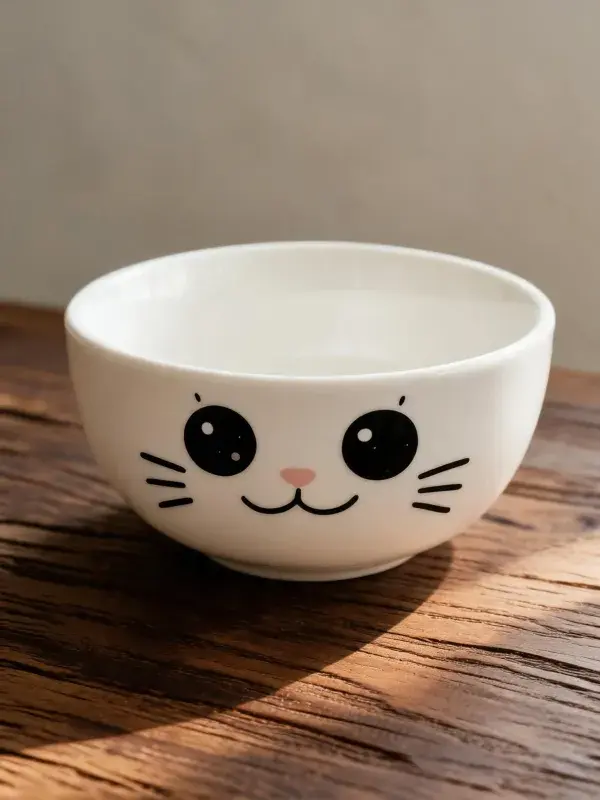 卡通猫咪图案碗置于木质桌面